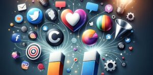 imagen que representa de manera abstracta las estrategias de marketing digital para empresas. La imagen incluye elementos simbólicos como un imán atrayendo iconos de redes sociales, una bombilla creativa, un embudo, un corazón para enfoques centrados en el cliente y un bocadillo de diálogo para la comunicación