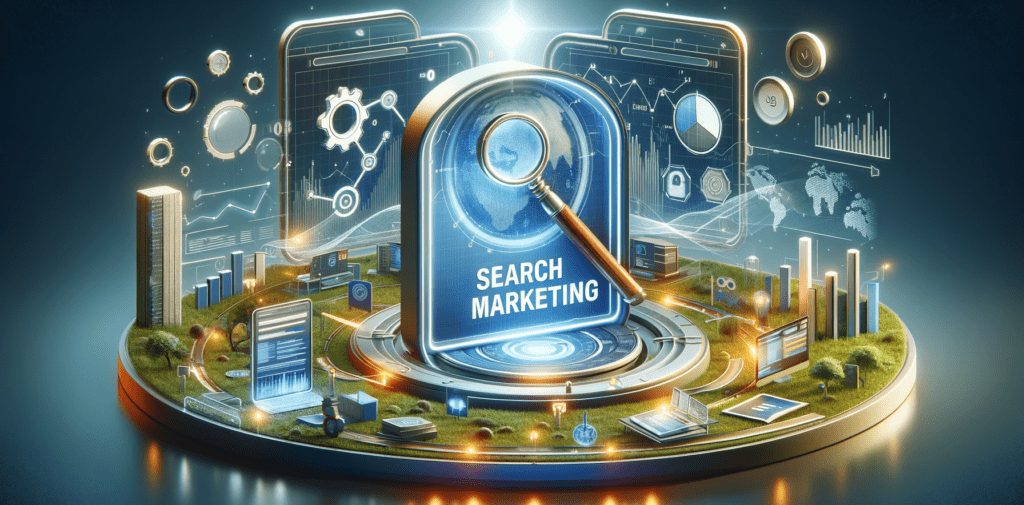 Imagen representando el concepto de Search Marketing, con un cartel destacado que muestra las palabras 'Search Marketing' y 'Keywords', rodeado de elementos de marketing digital como una lupa sobre una barra de búsqueda, gráficos de analítica y dispositivos mostrando resultados de motores de búsqueda.