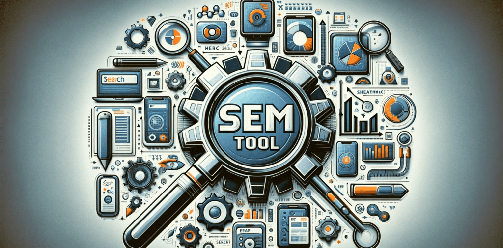 Imagen de collage digital que representa el concepto de herramientas SEM para campañas de marketing digital, con un cartel prominente que dice 'SEM Tool' en tipografía Roboto, rodeado de elementos de marketing digital como lupa, barra de búsqueda, gráficos y dispositivos digitales