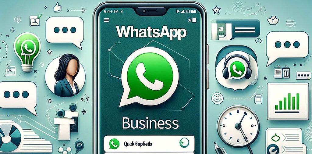 Ilustración digital que representa WhatsApp Business, mostrando un smartphone con la interfaz de la aplicación, destacando características como respuestas rápidas, etiquetas de chat y un perfil empresarial, acompañado de iconos de comunicación y marketing empresarial
