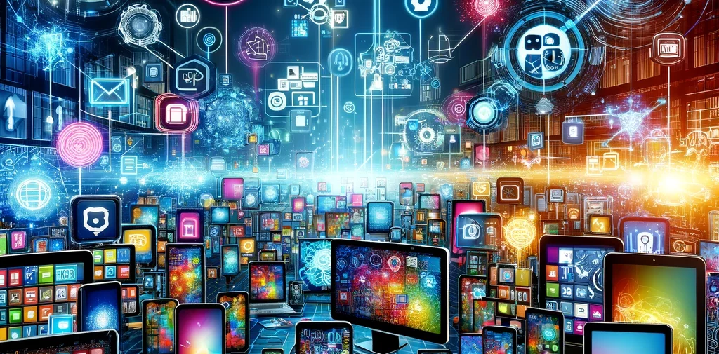 Vibrante paisaje digital con dispositivos mostrando identidades de marca únicas, simbolizando cómo destacar en el mundo digital a través de estrategias de marketing conectadas