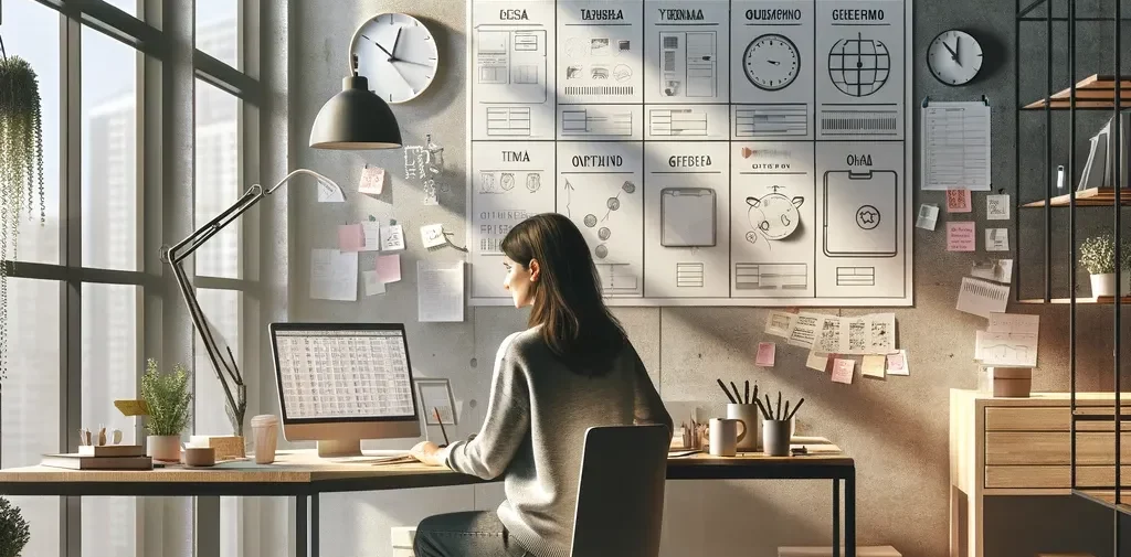 Oficina moderna y eficiente que ilustra métodos para organizar tu tiempo y mejorar la productividad y ser + eficientes.