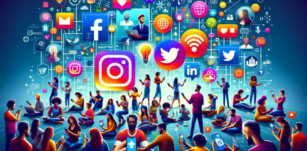 Maximizar la presencia en redes sociales con un grupo diverso de personas interactuando en plataformas sociales, rodeadas de iconos de medios sociales populares, simbolizando la conexión entre negocios y comunidades online.