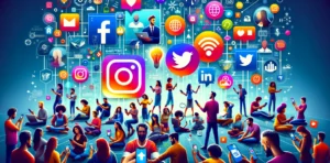 Maximizar la presencia en redes sociales con un grupo diverso de personas interactuando en plataformas sociales, rodeadas de iconos de medios sociales populares, simbolizando la conexión entre negocios y comunidades online.